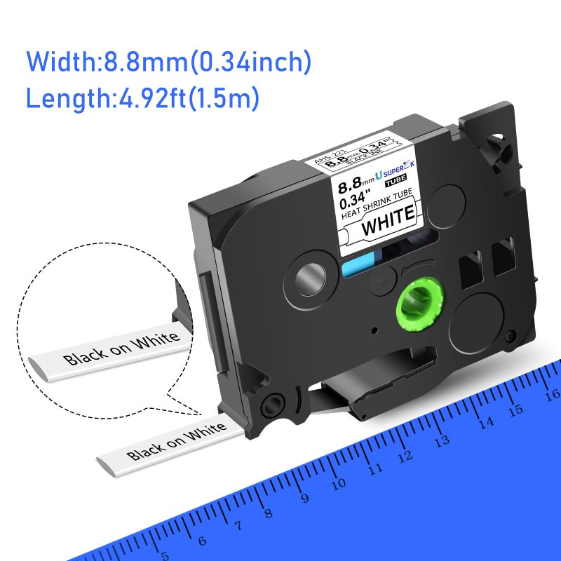 SuperInk USUPERINK 5 PK Compatible for Brother Ptouch HSe-221 HSe221 HS-221 HS221 8.8mm Black on White Heat Shrink Tube Label Tape use in PT-D210 PT-D400 PT-E300 PT-E500 PT-P750WVP Label Maker (0.34''x 4.92ft) - Image 2